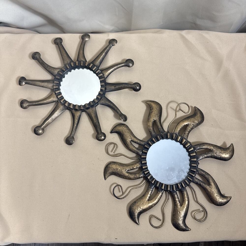 Vintage Set 2 Sunburst Wall Mirrors Gold Bronze Celestial Boho Whimsigoth Decor